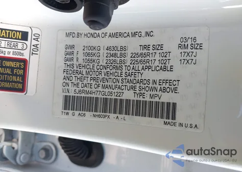 2016 Honda Cr-V Ex-L from USA, damaged, VIN 5J6RM4H77GL051227